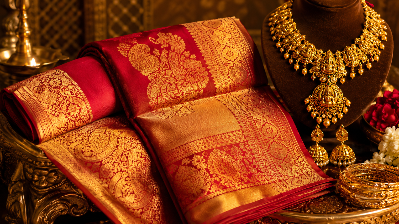 Red bridal Kanchipuram silk saree and jewellery