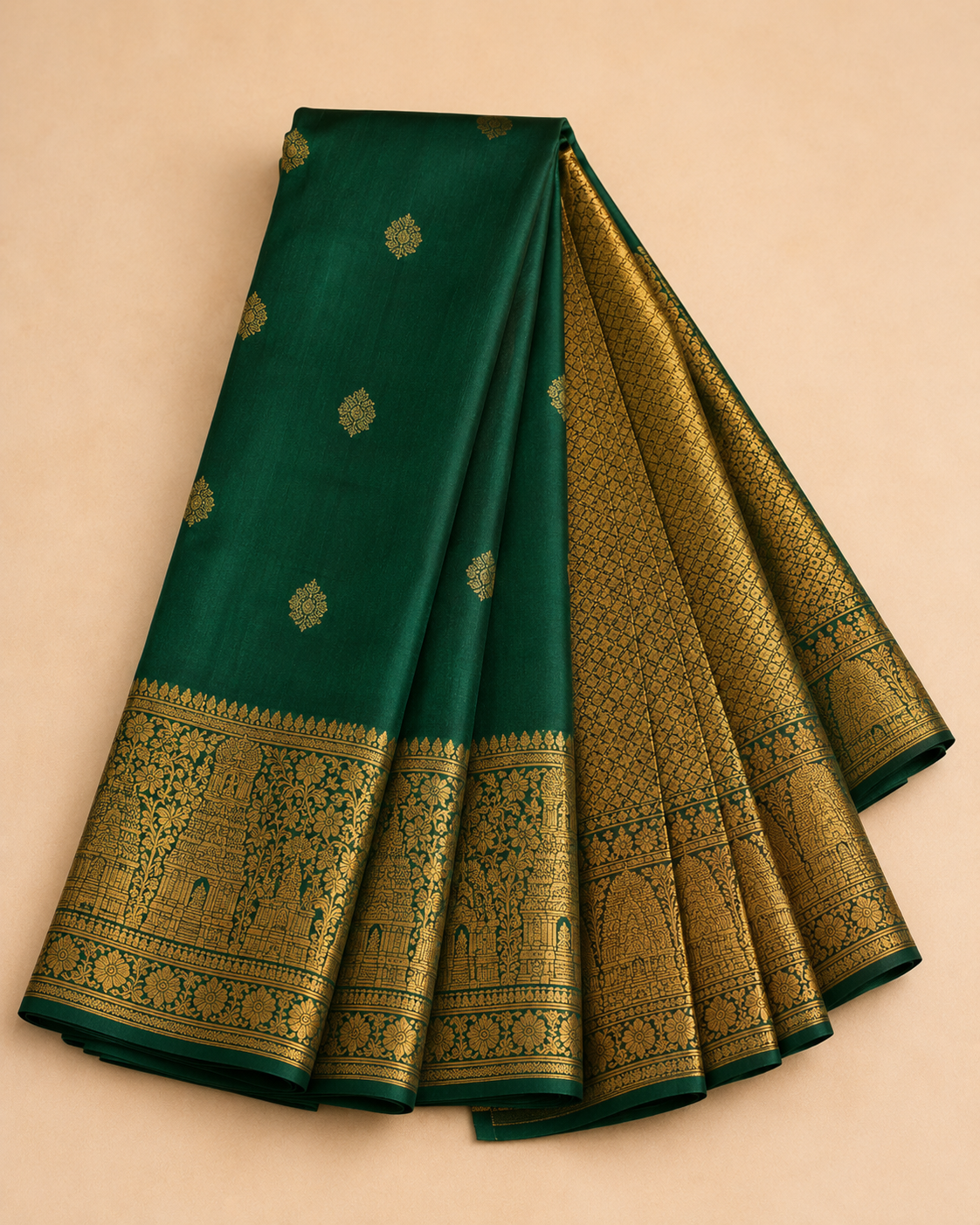 Emerald green temple border silk saree