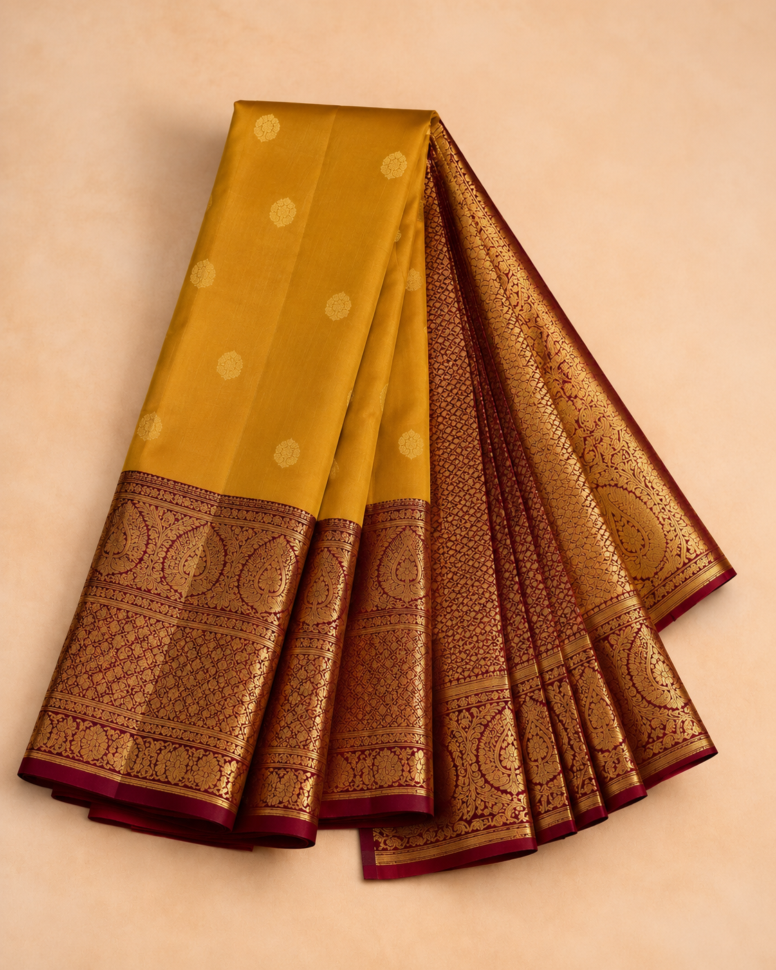 Mustard and maroon silk saree