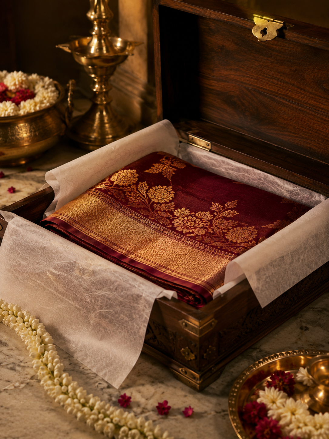Kanchipuram silk saree folded for storage