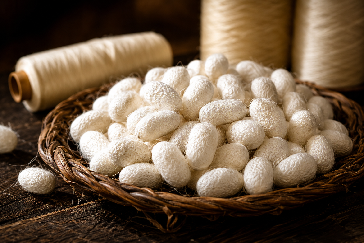 Pure silk cocoons and threads prepared for weaving