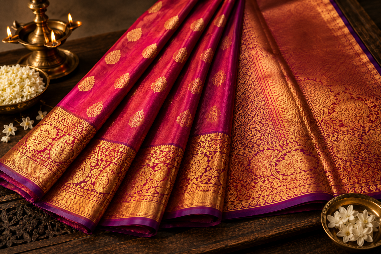 Finished magenta Kanchipuram silk saree
