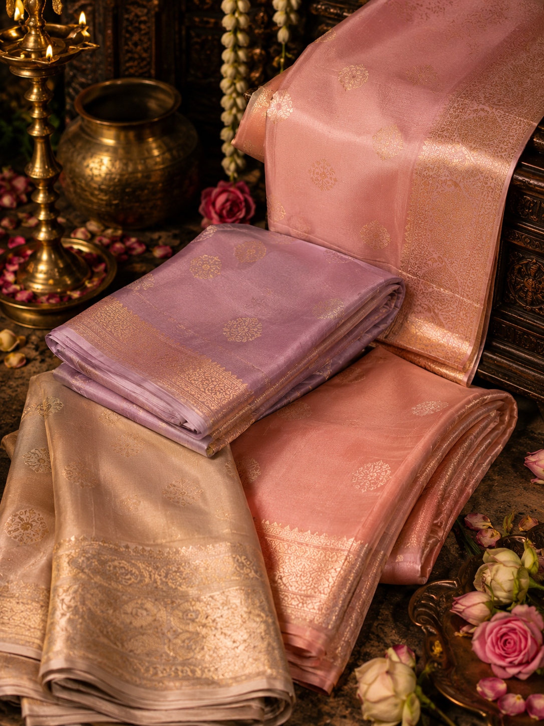 Pastel silk sarees displayed in store