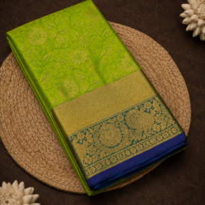 Elegant Green Saree with Floral-Vine Pattern & Peacock Zari Pallu
