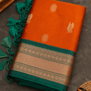 Vibrant Orange Saree with Peacock Motifs & Green Zari Border
