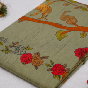 Sophisticated Sage-Green Floral Print Saree